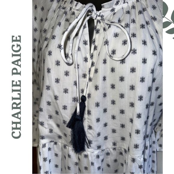 Charlie Paige Relaxed Fit Cotton Dress 3/4 Length Sleeve Tassel White Dark Blue - Picture 8 of 10